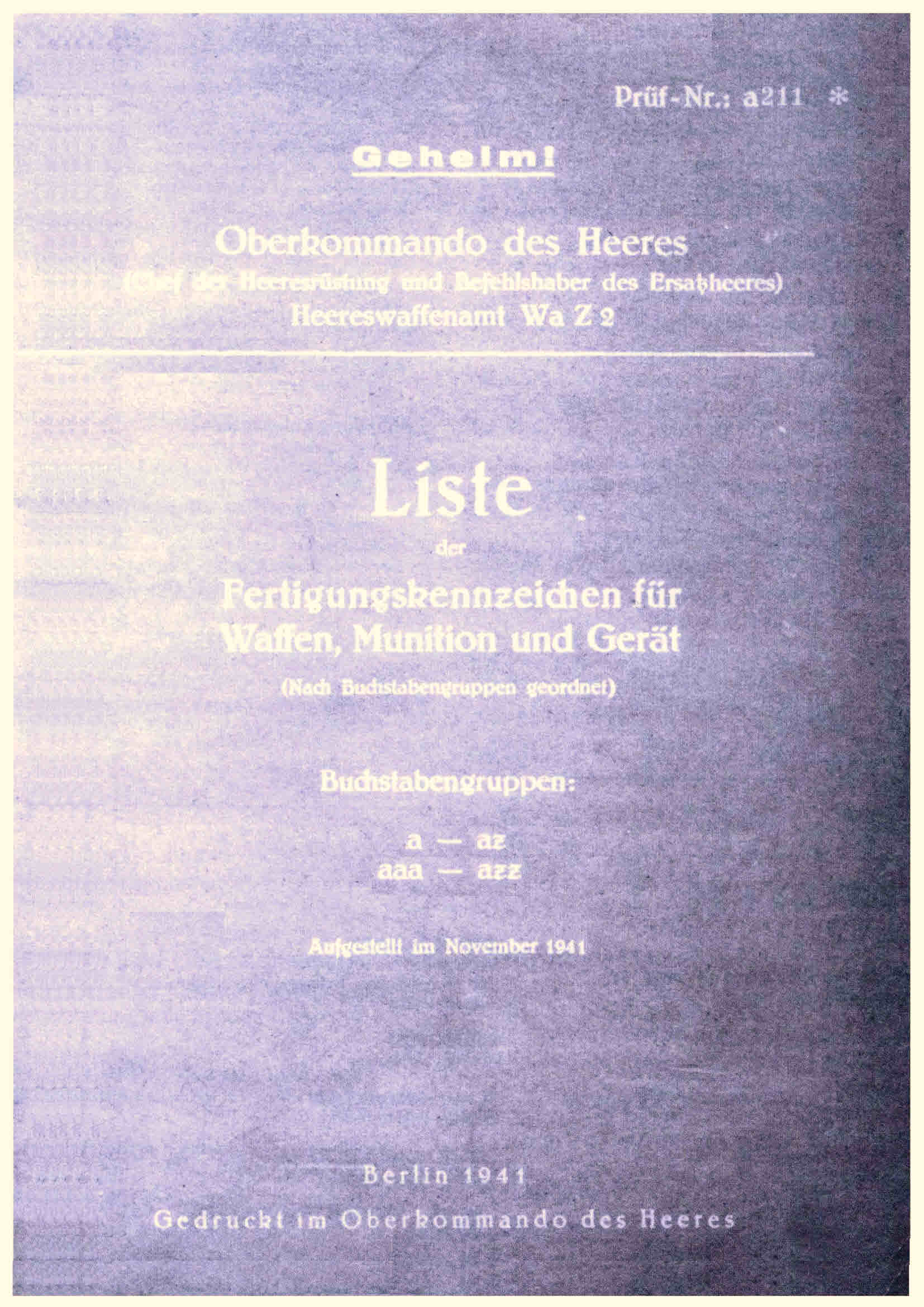 Fertigungskennzeichen, Dienstvorschriften, Stoffgliederungen